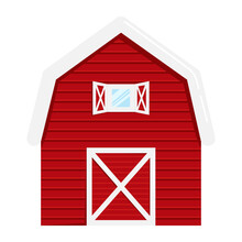 Red Wooden Barn Isolated On White Background. Farm Warehouse With Large Door And Windows. Foreground. Vector Illustration In A Flat Style
