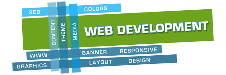Wall Mural - Web Development Green Blue Word Cloud Stripes Horizontal
