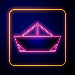 Poster - Glowing neon Folded paper boat icon isolated on black background. Origami paper ship. Vector