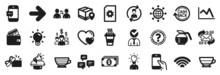 Set Of Simple Icons, Such As Americano, Communication, Next Icons. Hearts, Chat Messages, Coffeepot Signs. International Globe, Hold Smartphone, File Management. Light Bulb, Megaphone. Vector