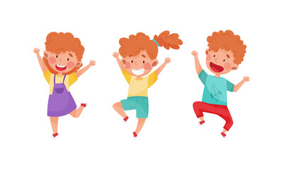 Wall Mural - Kids joyfully jumping set. Energetic boys and girls having fun in fine mood cartoon vector illustration