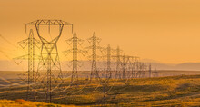 High Voltage Electricity Pylons In Desert Near Washington Oregon Border, USA