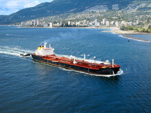 Cargo Ship Sailing Into Port, North Vancouver, Vancouver, British Columbia, Canada