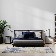 Wall Mural - home bedroom interior mock up with bed and dark blue pillow, bedside tables, plant with empty white 