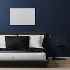 Wall Mural - frame mock up on dark blue wall with bed with white and blue pillows, 3d rendering