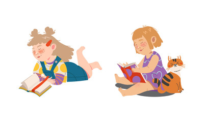 Sticker - Cute girls reading books set. Preschool activities and childhood education cartoon vector illustration