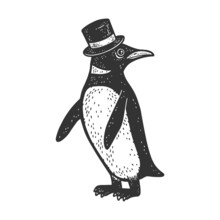 Penguin In Top Hat Sketch Engraving Vector Illustration. T-shirt Apparel Print Design. Scratch Board Imitation. Black And White Hand Drawn Image.