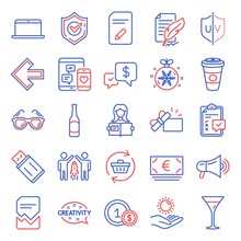 Line Icons Set. Included Icon As Uv Protection, Laptop, Martini Glass Signs. Christmas Ball, Corrupted File, Megaphone Symbols. Takeaway Coffee, Woman Read, Refresh Cart. Left Arrow, Beer. Vector