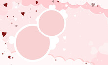 A Large Pink Banner With Round Frames On A Pink Background With Clouds, Red, Pink And White Hearts. A Beautiful Illustration For Photos Or Any Inscription. Illustration With Copy Space.