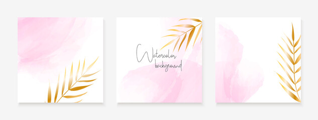Wall Mural - instagram post templates with pink watercolor spots and golden palm leaves. vector set of vertical a