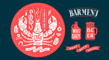 Graphic Element For Pub, Bar. Circle Coaster With Drawing, Ribbon, Text Bar Menu, Bottle And Mug For Pub, Beer, Whiskey. Vintage Drawing For Bar, Pub, Beer And Whiskey Themes. Vector Illustration