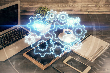 Double exposure of financial theme drawing and cell phone background. Concept of business