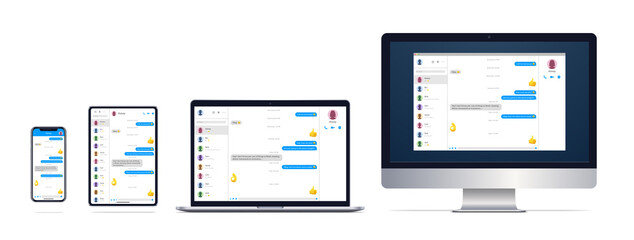 messenger window on different screens. computer monitor, laptop, tablet, smartphone. vector illustra