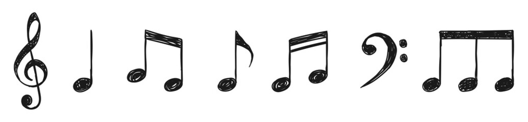 music notes hand drawn black signs vector set. isolated hand-drawn music note icons on white backgro