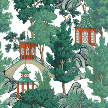 Vintage Chinoiserie Landscape, Chinese Pagoda Seamless Pattern. Park Mountain, Tree Wallpaper.