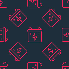 Red line Car battery icon isolated seamless pattern on black background. Accumulator battery energy power and electricity accumulator battery. Vector