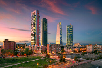 Wall Mural - Madrid, Spain. Cityscape image of financial district of Madrid, Spain with modern skyscrapers at twilight blue hour.	