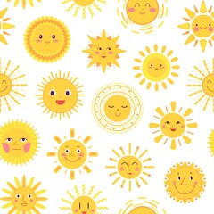 Wall Mural - yellow sun pattern. summer suns, scribble sketch baby print. morning cartoon characters, funny sunny