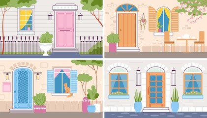 Sticker - House entrance. Facade illustration, doors and windows in house brick walls. City and country houses exterior, cute street. Buildings, architecture decent vector banner