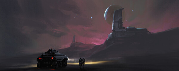 a space vehicle on an alien planet, 3d illustration.
