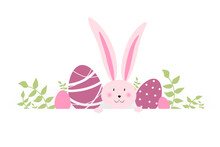 Happy Easter Greeting Card With Rabbits, Eggs And Spring Twigs In Pink Color On An Isolated Background. Vector Illustration. Place For Your Text, Mockup
