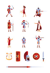 Sticker - Ancient items. Greek helmets weapons papirus golden cup columns rome characters medieval writers garish vector historical collection