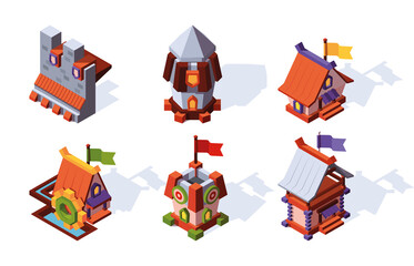 Wall Mural - Fantasy buildings isometric. Village fairy tale houses in cartoon style props for games farm cottages garish vector 3d colored illustrations