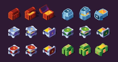 Wall Mural - boxes 3d. steel and wooden chest cardboard containers for surprise garish vector isometric boxes in 