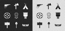 Set Revolver Gun, Tomahawk Axe, Indian Teepee Or Wigwam, Road Traffic Signpost, Shovel, Kayak Canoe And Paddle, Cylinder And Dream Catcher With Feathers Icon. Vector