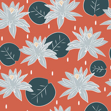 Cute Colorful Trendy Seamless Vector Pattern Illustration With Beautiful Lotus Leaves And Flowers On Red Background