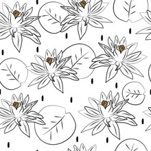 Cute Minimal Black And White Trendy Seamless Vector Pattern Background Illustration With Beauty Lotus Leaves And Flowers