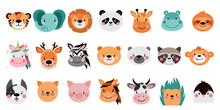 Animals Funny Cartoon Muzzles. Cute Simple Face Ui Set. Illustrations On White Background
