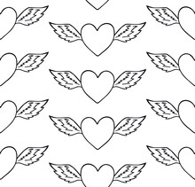 Vector Seamless Pattern Of Hand Drawn Doodle Sketch Heart With Wings Isolated On White Background