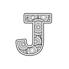 Wall Mural - Vector Coloring page for adults. Contour black and white Capital English Letter J on a mandala background