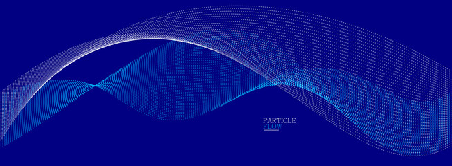 Dark blue abstract background, vector wave of flowing particles, curvy lines of dots in motion, technology and science theme, airy and ease futuristic illustration.