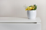 Fototapeta Storczyk - storczyk w białej doniczce na pustym biurku w pokoju lub domowym biurze