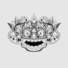 Black White Sketch Traditional Balinese Barong Mask Illustration Vector Template Isolated On White Background