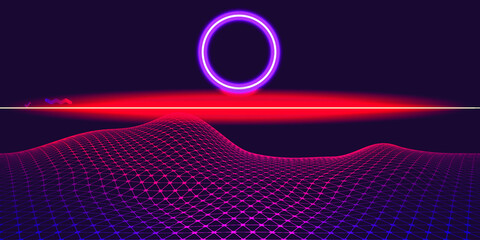 Modern retro futuristic background . Synthwave poster .Vector design composition with various geometric shapes . Abstract contemporary art . Digital cyber landscape . New modernism 