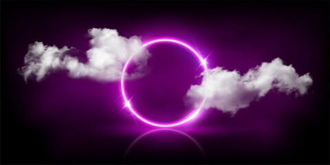 Wall Mural - neon light pink circle frame glowing among soft clouds in dark sky abstract night background