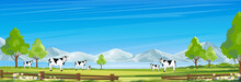 Rural Farm Landscape With Green Fields And Barn Animals Cows, Hill With Blue Sky And Clouds, Vector Cartoon Spring Or Summer Landscape, Eco Village Or Organic Farming At Countryside