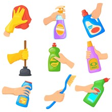 Detergent tools in hands. Hand hold cleaning products, cartoon disinfect spray clean surface house, wipe dust cloth, bucket with rag cleaner