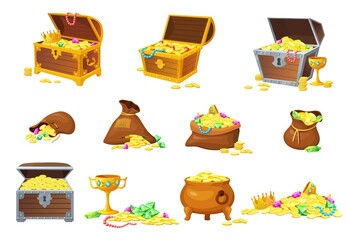 Pirate treasures. Chests and bags or sack treasure, treasur with jewel, pile golden coins, jewelry gems, set cartoon vector