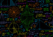 Math scientific vector seamless pattern with multicolored geometry figures, calculations and formulas	

