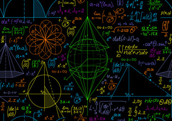 Wall Mural - Math scientific vector seamless pattern with multicolored geometry figures, calculations and formulas	
