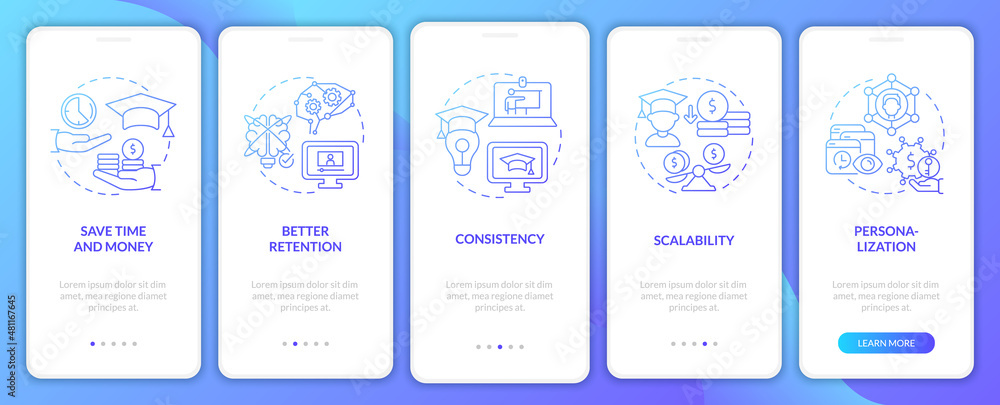 Advantages of elearning blue gradient onboarding mobile app screen ...