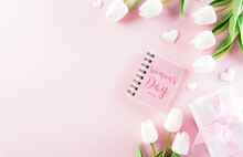 Pink Hearts With Gift Box And Tulip On Pastel Paper Background. Womens Day, Love And Valentine's Day Concept.