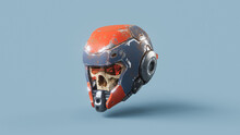 3d Illustration Of Human Skull In Sci-fi Scratched Orange Blue Color Metal Helmet With Glowing Red Messages On Glass. Dead Man In Space Floating In Air. Game Loot, Level Up Rank, Protagonist's Armor.