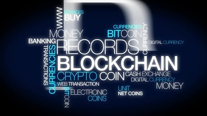 Wall Mural - blockchain words tag cloud text blue internet finance bitcoin crypto money animation