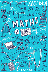 Algebra or mathematics subject doodle design. Maths symbols icon set. Education and study cover template. Back to school sketchy background for notebook, not pad, sketchbook. Hand drawn illustration.