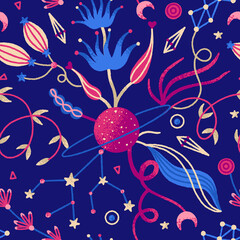 Wall Mural - Vector floral seamless pattern. Mysterious night flowers and planet. Repeat background with magic plants in pink and blue colors. Hand drawn style. Wallpaper, wrapping paper, textile